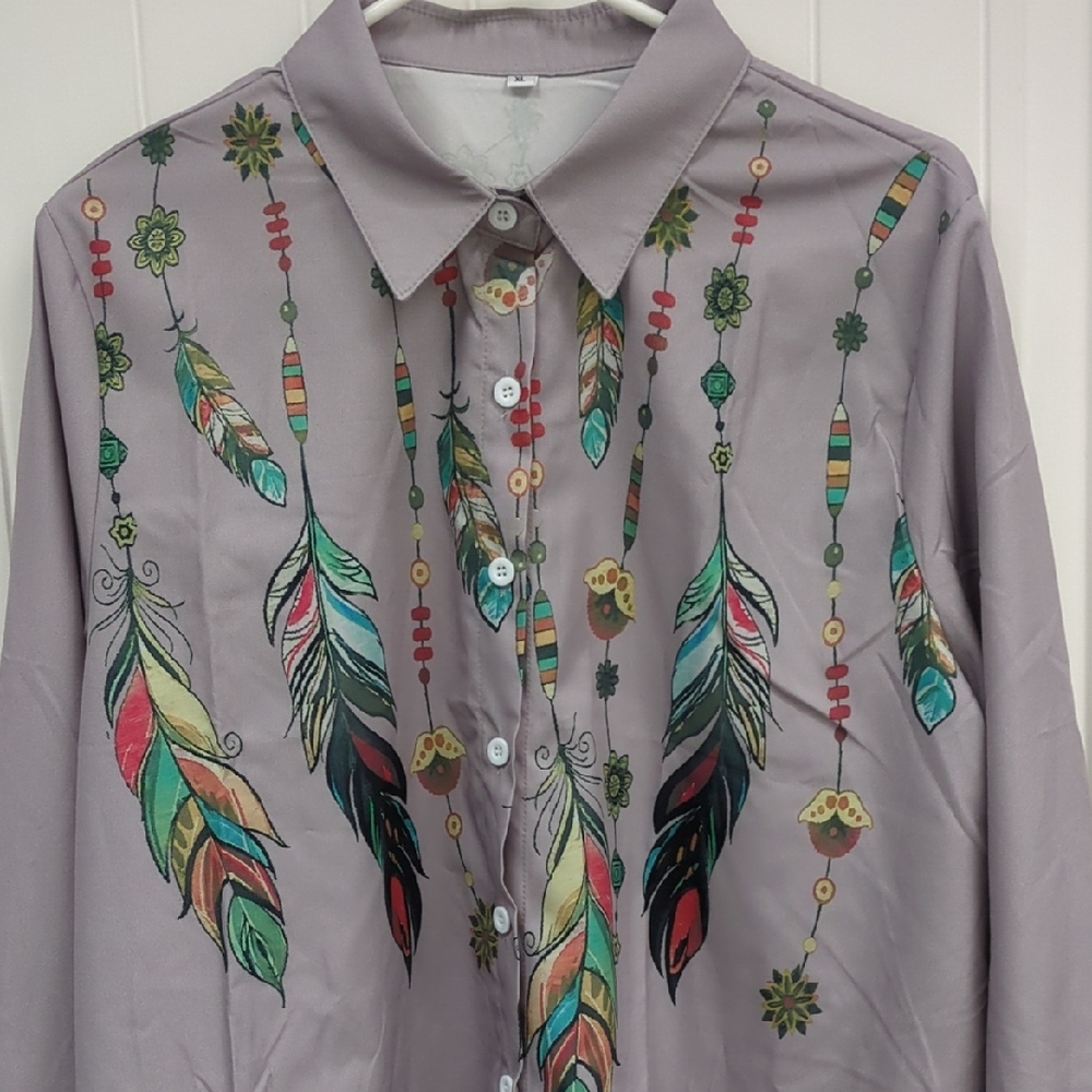 Colorful Feather Print Women's Button-Up Shirt